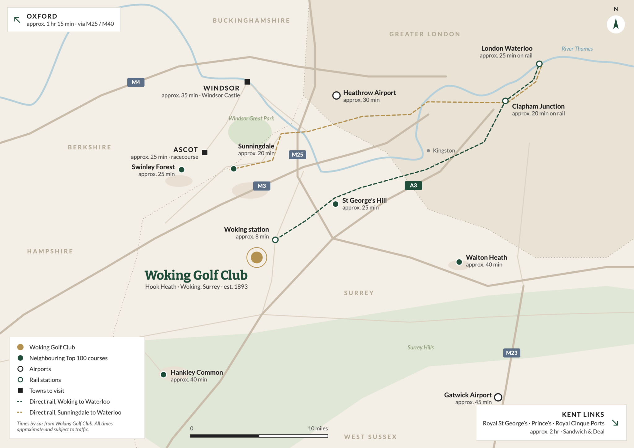 Map showing Woking Golf Club with neighbouring Top 100 courses, airports, rail links and journey times